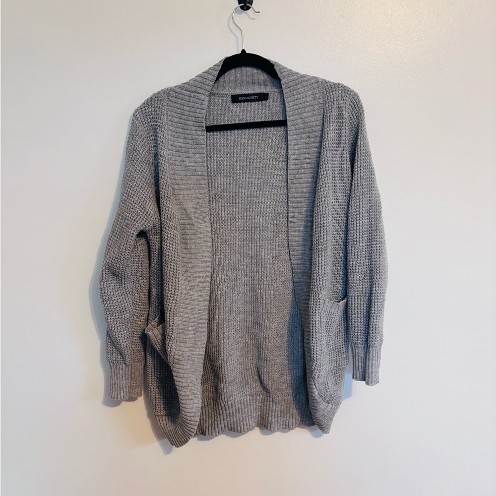 Merokeety grey waffle textured cardigan with pockets, size medium